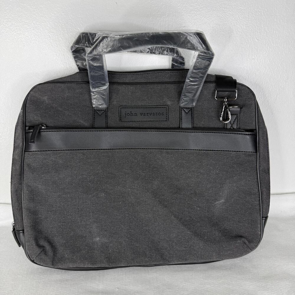 John Varvatos Laptop Bag Mens Medium Gray Canvas Briefcase Shoulder Strap NEW